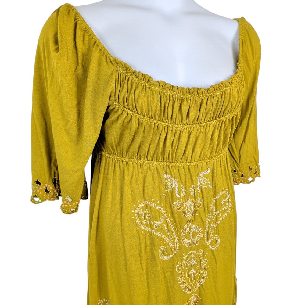 Boho Earthy Goblin Off The Shoulder Dress Size Small Green 70s Milkmaid Peasant